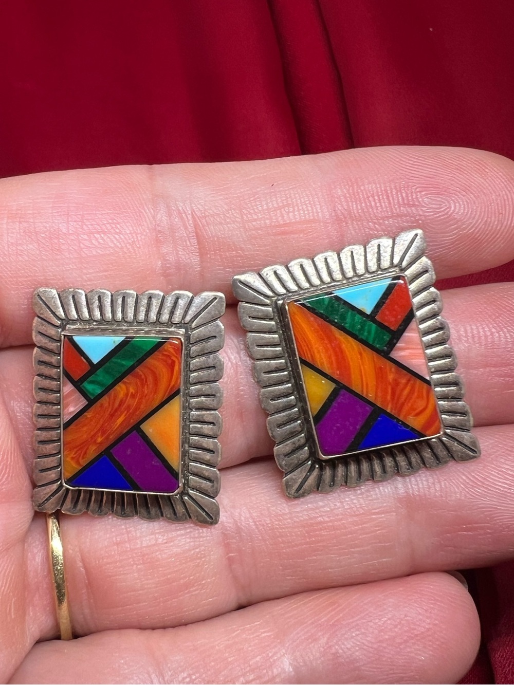 Q.T. QUOC TURQUOISE Sterling Silver Earrings Stone Mosaic Inlay Rectangle Square